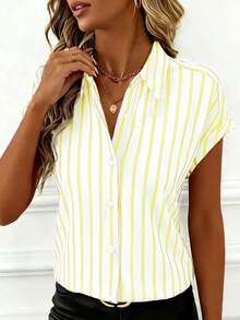 Women's Elegant Polyester Short Sleeve Collared Button Striped Print Shirt/Blouse, Regular Fit, Suitable For Spring/Summer, Daily, Work, Party, Travel, Fashionable & Versatile - Yellow - View 8