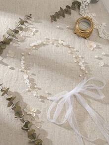 1pc Elegant Faux Pearl & Flower Decor Bridal Hair Vine, Boho Ribbon Tie Headpiece Wedding Hair Accessory For Women - Gold - View 9