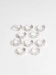 Bộ 10 chiếc nhẫn hở ngón chân hình sao và trăng, trang sức chân hình số 8 rỗng hình học có thể điều chỉnh kích thước, thích hợp cho bãi biển. - Bạc - Xem 5