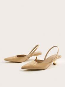 Women's Solid Color Kitten Heel Shoes, Elegant Pointed Toe Metal Heel High Heels, Fashionable Ankle Strap Open Toe High Heels - Apricot - View 4