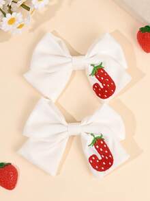 2pcs White Fabric 26 Letters Red Strawberry Embroidered Bow Hair Clips, Suitable For Girls, School And Daily Life Hair Accessories - White - View 32