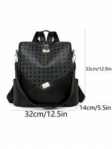 女士菱形图案大容量背包，拼接通勤包，学生背包，妈妈包 - 黑色 - 查看 5