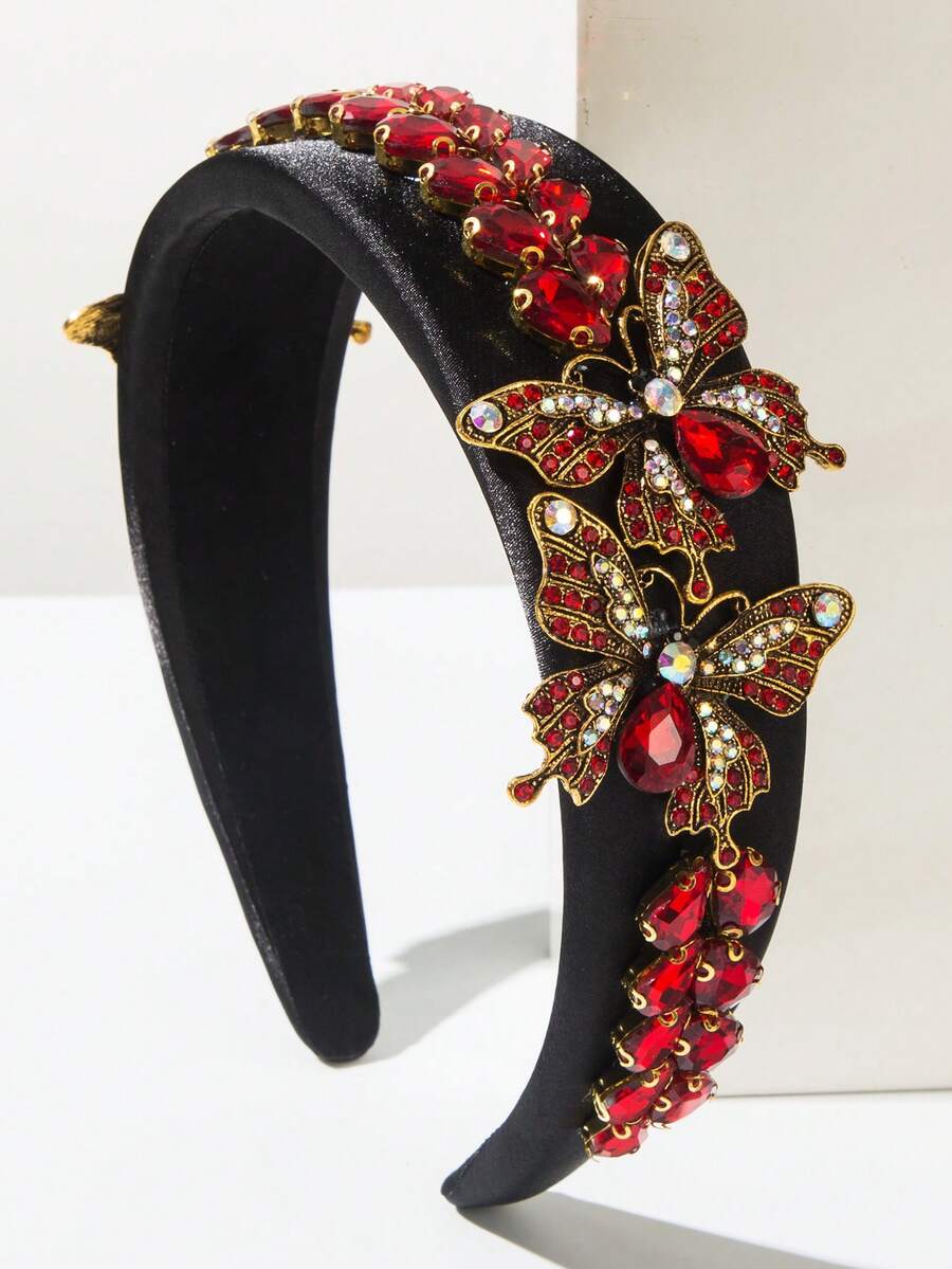 新款欧美复洛克风格镶满水钻的宽檐发箍，适合女士搭配正式礼服出席派对等场合，也可作发箍或发圈使用。 - FG705-紅色 - 查看 1