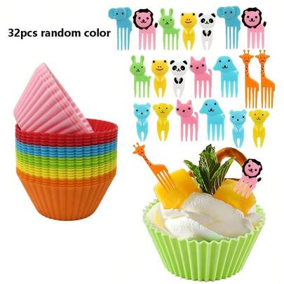Bộ 32 cốc muffin silicon nhiều màu sắc và nĩa ăn trái cây hình động vật hoạt hình, dụng cụ làm bánh và tráng miệng dùng hàng ngày, cho các bữa tiệc, lễ hội (Màu sắc và hình động vật ngẫu nhiên)
