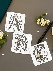 26 件套花朵和字母模板，4.0 英寸可重复使用的玫瑰和字母绘画模板，适用于墙贴、贴纸、枕头、T 恤、雕刻、蚀刻、盘子、玻璃杯、餐巾纸、杯垫、钱包等。 - 多色 - 查看 1