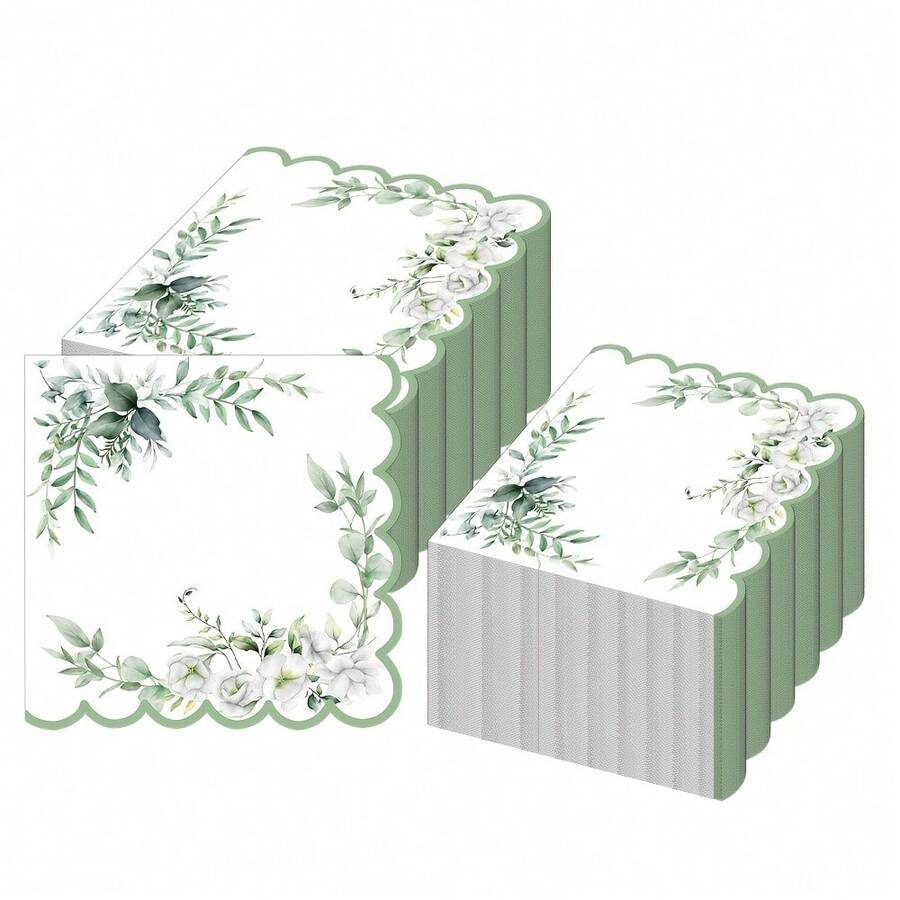 20/40/60pcs Eucalyptus Lace Theme Disposable Paper Napkins, 2-Ply Elegant Green Plant White Flower Paper Napkins - Watercolor Eucalyptus Leaf Cocktail Dinner Napkins With Scalloped Edge, Neutral Sage Green Napkins Suitable For Spring Brunch, Wedding Party And Baby Shower Supplies, Size 13*13 Inches - Multicolor - View 1