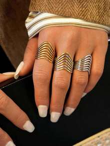 3pcs/1pc Line-Cut Geometric Stainless Steel Open Ring, Ladies Clothing, Suitable For Women's Daily Wear, Party And Dating Occasions - Multicolor - View 3