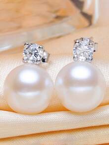XUJIA 1 Đôi bông tai bạc 925 với ngọc trai giả 9mm và đá Cubic Zirconia 3.5mm, quà tặng thời trang dành cho phụ nữ. - EPE-257 - Xem 9