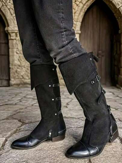 1 Pair European Medieval Viking Retro Pirate Boots, PU Leather Black & Brown Cosplay Pirate Captain, Knight Warrior Leg Covers, Suitable For Festivals, Carnivals, Stage Performance Props