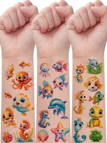 Glitter Temporary Tattoo Stickers, 12 Sheets Of Cartoon Marine Life Series, 150 Cute Dolphins, Sharks, Jellyfish, Starfish, Octopus, Crab, Fish, Ocean Elements Patterns, Body And Arm Art Makeup Tattoo Stickers, Waterproof And Lasts 2-5 Days - Multicolor - View 2