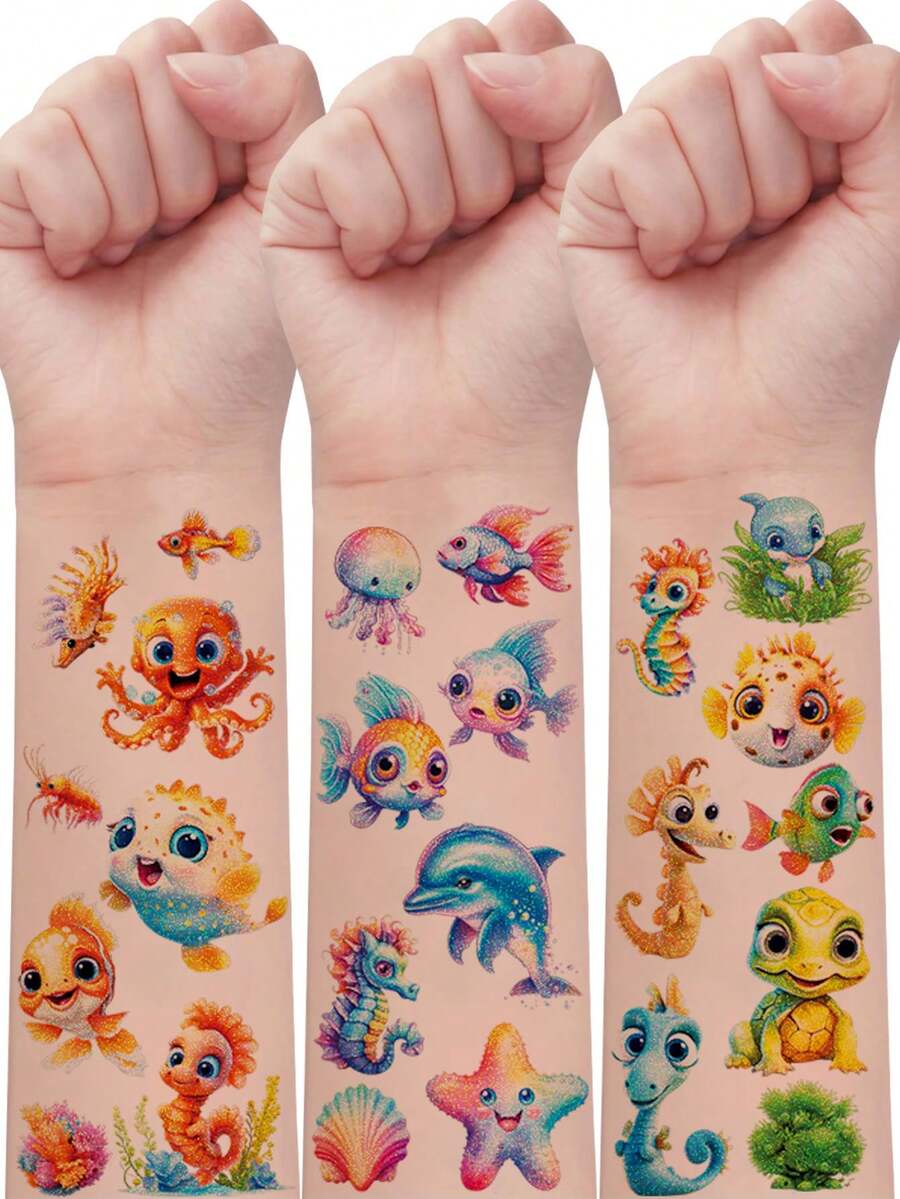 Glitter Temporary Tattoo Stickers, 12 Sheets Of Cartoon Marine Life Series, 150 Cute Dolphins, Sharks, Jellyfish, Starfish, Octopus, Crab, Fish, Ocean Elements Patterns, Body And Arm Art Makeup Tattoo Stickers, Waterproof And Lasts 2-5 Days