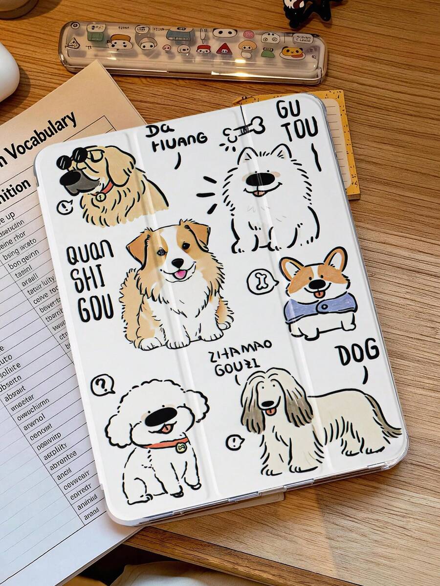 1个卡通小狗彩绘平板电脑保护套，兼容iPad Mini4/Mini5/Mini6/Mini7/Air/Air2/9.7/10.2/10.5/Air4/Air5/10.9/Pro 11英寸/第十代/Air 11英寸(M2)-2024/Pro 11英寸(M4)-2024/Air 11英寸(M3) 2025/(A16) 11英寸第十一代2025，Galaxy Tab A8 10.5英寸2022。包含笔槽、三折支架、TPU软边保护、磁吸式睡眠/唤醒功能，插画/可爱/趣味/个性化设计。 - 彩色 - 查看 1