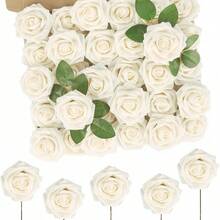 25pcs Realistic Foam Fake Rose Flowers With Stems, Suitable For DIY Wedding Bouquets, Bridal Shower Centerpieces, Party Table Decorations (No Box, OPP Bag Packaging) - Rose - View 2