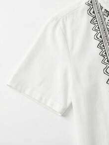 男士几何印花短袖衬衫，现代游牧风格立领度假上衣，透气夏季假日衬衫，波西米亚休闲日常纽扣衬衫 - 黑與白 - 查看 7