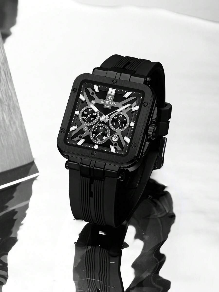 REWARD Men's Quartz Watch Business Fashion Style Timing Calendar Luminous Hands Multi-Functional Men Wristwatch High Quality Gift Classic Design Silicone Watch Band - Black - View 1