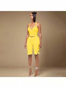 2PC Spring And Summer Neck Tie, Chest, Backless Bow, Pants, Solid Color Set - Màu vàng - Xem 3