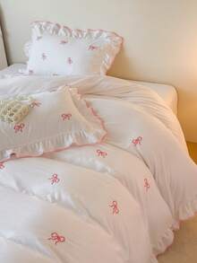 3pcs Ruffled Embroidered Bowknot Duvet Cover Set, Extra Large Size, Soft Fabric, With Zipper & Tie, Suitable For Girls Bedroom Decor, Breathable & Easy Care - White - View 19