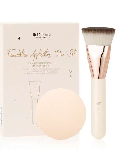 DUcare Ultimate Synthetic Flat-Top Foundation Brush, Paired With A Soft Makeup Sponge, For Effortless, Streak-Free Foundation Application, Flawless, Seamless Finish - Easy Blending Even For Beginners, With Even Coverage For Liquid And Cream Foundations, Best-Selling Professional Makeup Tool.