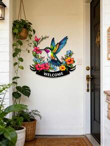 1件金属蜂鸟墙饰，带欢迎牌，色彩缤纷的鸟形门廊装饰，适用于展示家庭地址、家居装饰、花园装饰、卧室装饰、房间装饰、房屋入口，也是送给家人和朋友的生日礼物和节日礼物。 - 彩色 - 查看 5