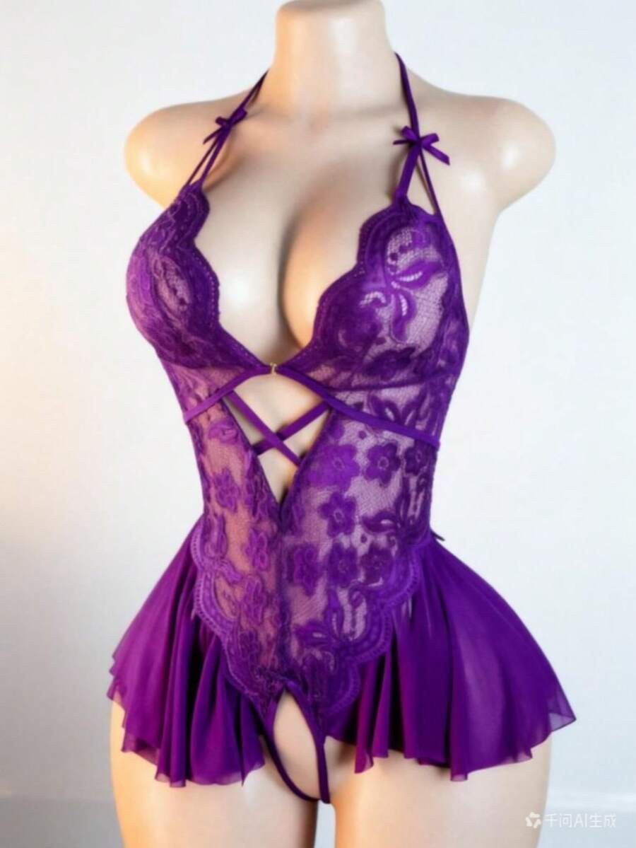 Lace Corset Style Bodysuit With Mini Skirt – Seductive Sleepwear For Couples - 紫色 - 查看 1