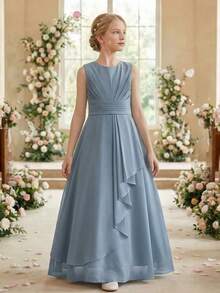 Đầm chiffon ôm sát, không tay, cổ chữ V, hở lưng, xếp ly ở eo, thanh lịch, thích hợp cho du lịch, kỳ nghỉ, tiệc sinh nhật, đám cưới, bé gái cầm hoa, phù dâu, dạ hội, các dịp trang trọng. - Màu xanh lam - Xem 3