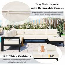 Juego de sofás seccionales para exteriores en forma de U de U_Style con cojines ultra gruesos de 5.9'', sofá de conversación para patio de 5-6 asientos apto para todo tipo de clima con estructura de hierro resistente, ideal para patio trasero, jardín, o cerca de la piscina. - Beige + Hierro + Diseño americano + Tradicional americano - Ver 6