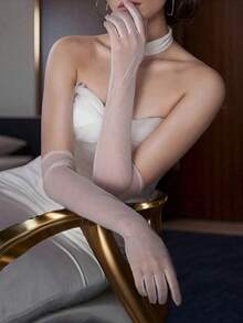 1pair Transparent Mesh Long Gloves, Suitable For Daily Wear, Party, Date, Vacation, Bridal Wedding, Romantic - White - View 1