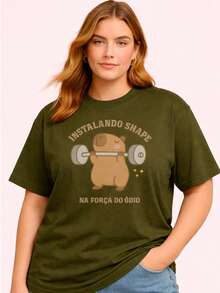 Women's Plus Size Plain Crew Neck T-Shirt, , Oversized, Funny Capybara Meme, Gym Top - xanh quân đội - View 1