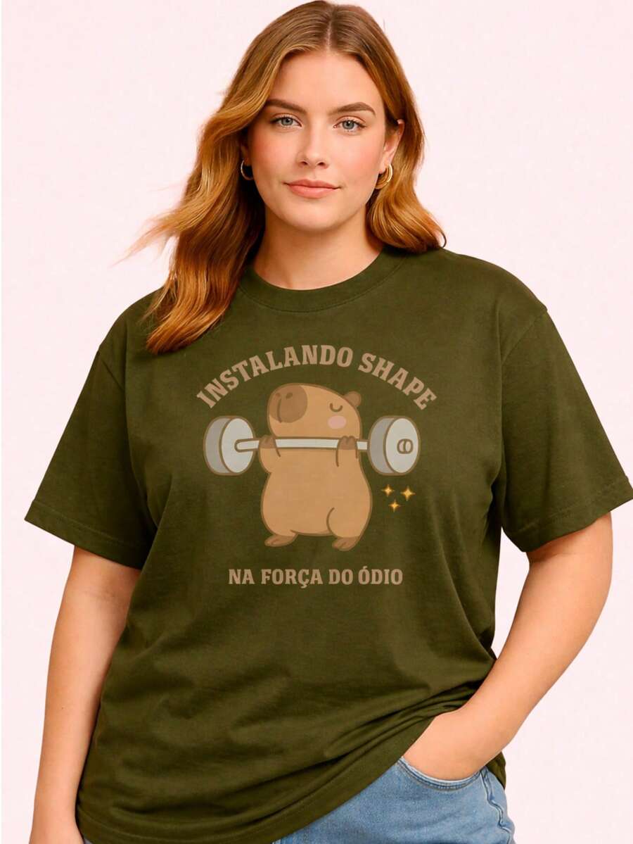 Women's Plus Size Plain Crew Neck T-Shirt, , Oversized, Funny Capybara Meme, Gym Top - xanh quân đội - View 1