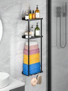 1pc No Drill Towel Rack - Self-Adhesive Towel Rack With Shelf, Bathroom Towel Rack, Can Be Stuck On Bathroom Wall - Black - View 3