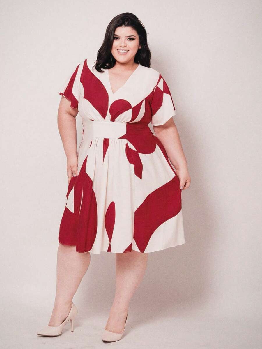Women's Short Formal Plus Size Dress With Short Sleeves, MORA Prints, Round Style, Evangelical Style, For Church Conferences, Bridesmaids, And Weddings! - 酒紅色 - 查看 1