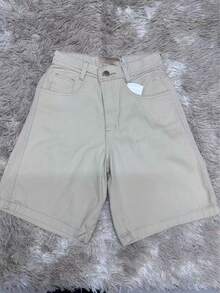 Women's Basic Denim Shorts With Pockets - Khaki - View 1