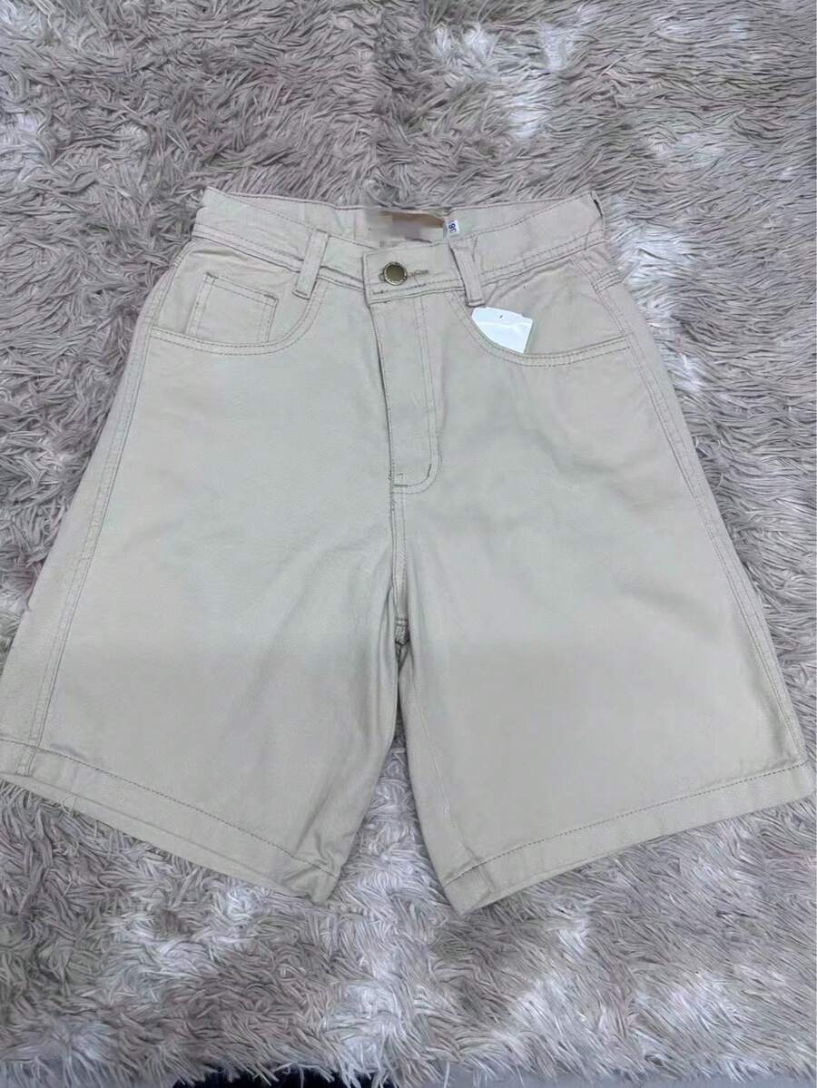 Women's Basic Denim Shorts With Pockets - Khaki - View 1