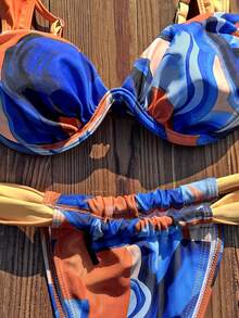 Conjunto de bikini de vacaciones de verano para mujer, serie francesa fresca con estampado degradado azul y naranja, con tirantes anchos y aros, estilo dulce de chica de vacaciones, traje de baño listo para la playa y la moda - Multicolor - Ver 8