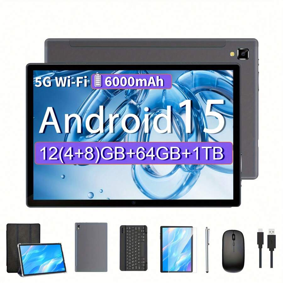Tablet Android 2026 Latest Version, 10.1-Inch Tablet, 4-Core CPU, 12GB RAM + 64GB ROM (1TB Expandable), Android 15 Tablet With Keyboard And Mouse, 5MP+8MP Dual Camera, 1280*800px HD Touchscreen, 6000mAh, Type-C/Wireless 2.4g + 5g WiFi, Free (Keyboard, Mouse, Stylus, Protective Case, Screen Protector) - 黑色 - 查看 1