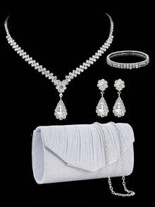 Bộ 4 món thời trang nữ sang trọng, đa năng, đính pha lê, bao gồm túi xách cầm tay, túi dự tiệc, túi đựng váy, và vòng cổ, bông tai, vòng tay. - Bạc - Xem 8