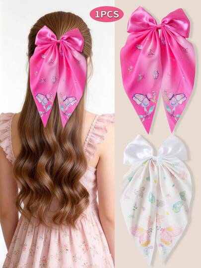 1个卡通蝴蝶印花长丝带蝴蝶结发夹，简约浪漫优雅枕部发夹，女士优雅发饰