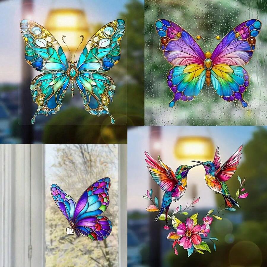 1pc Colorful Butterfly Static Cling Glass Sticker, Removable Sunscreen Privacy Sticker With Butterfly, Hummingbird & Floral Design, Suitable For Living Room, Bedroom, RV Glass Decor, Universal, Holiday Gift, Room Decor, Home Decor, Bathroom Decor, Kitchen Decor, Customized Sticker - Multicolor-static Transparent Glass Sticker - View 1