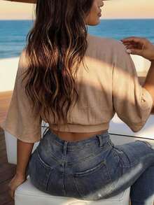 女士V领休闲上衣，波西米亚风设计，腰部系带，蝙蝠袖，适合日常和度假穿着。 - 深杏色 - 查看 6