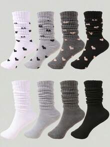 4 双女士针织宽松袜，复古波点或爱心图案，保暖休闲弹力过膝袜，适合秋冬季节，柔软舒适透气，黑色、白色、深灰色和浅灰色可选，是远足、返校、万圣节和圣诞节的完美礼物，舒适保暖。 - 彩色 - 查看 2