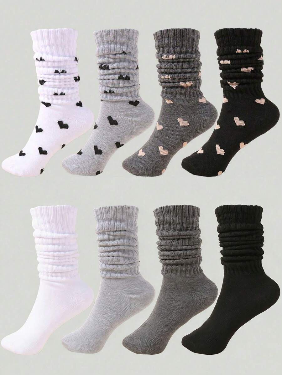 4 双女士针织宽松袜，复古波点或爱心图案，保暖休闲弹力过膝袜，适合秋冬季节，柔软舒适透气，黑色、白色、深灰色和浅灰色可选，是远足、返校、万圣节和圣诞节的完美礼物，舒适保暖。