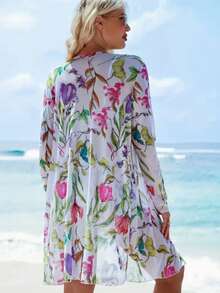 Three-Piece Floral Print Bikini Set, Boxer-Style Bottom With V-Neck And Long-Sleeved Cover-Up. - White - View 3