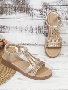 Sandales à plateforme pour femmes avec strass tressés, élastique, semelle épaisse, couleur unie, plage, élégante, gracieuse, resort, mode, décontractée, bohème, sexy, compensée, plateforme, été - Doré - Voir 2