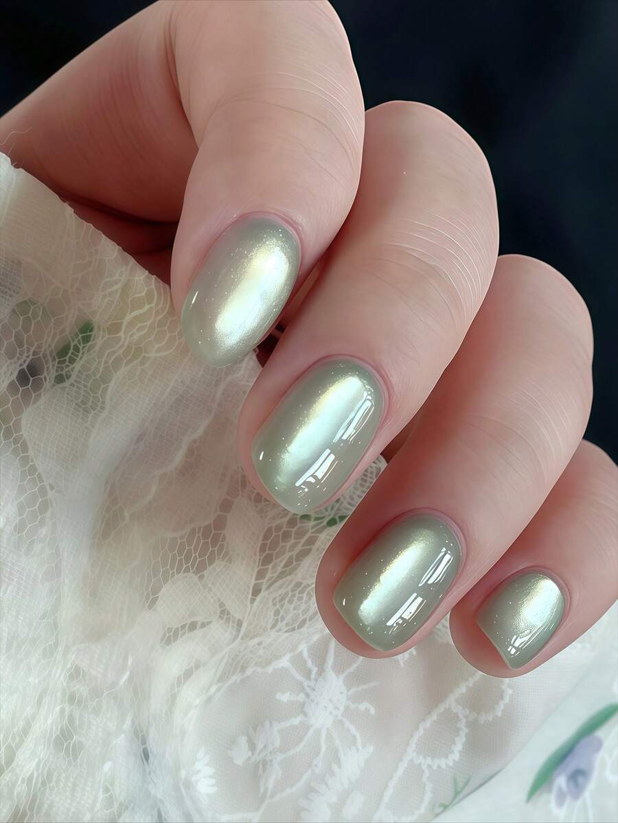 10pcs Short Square Light Green Cat Eye False Nails, Fresh Spring Green Full Cover Fake Nails Set With 1pc Glue Sticker And 1pc Mini File, Suitable For Women And Girls, Random Delivery - Green - View 1