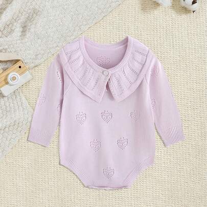 2026 New Spring/Summer Baby Girls' Knitted Romper, 0-3 Years Old Infant Cute Heart Hollow Out Lapel Jumpsuit, One-Piece Breathable Outfit For Outdoor & Indoor Wear