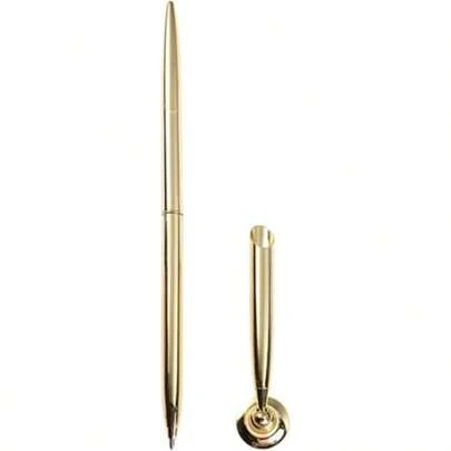 Gold Pen And Pen Stand Round Pen Holder Signing Set Metal Attached To Desk Base Stands For Wedding Office Pens Ballpoint Pens Attached Base Desk