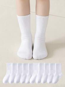 10 Pairs Kids & Youth Student Socks, Daily Casual Socks, Soccer Sports Mid-Calf Socks - White - View 10