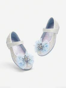 Balabala Nuevos zapatos planos de niña tipo Mary Jane con purpurina, estilo princesa, con adorno de lazo con brillantes de strass - tinte azul - Ver 4