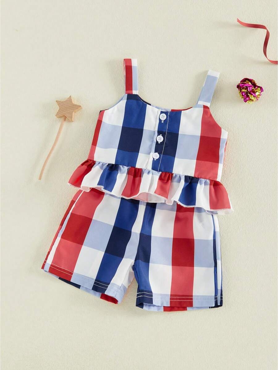 4th Of July Toddler Girl Outfit Strip Star Printed Sleeveless Tops Elastic Waist Shorts Girls Summer Clothes - 紅色 - 查看 1