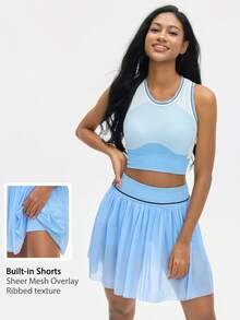 Leorrey 1 Set Women Ribbed Patchwork Round Neck Racerback Tank Top & High Waist Pleated Mesh Anti-Chafing Shorts Sports Suit - Baby Blue - View 7
